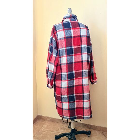 Red Plaid Flannel Women's Shirt Dress Shacket Size M/L Oversized Jacket - Picture 5 of 7